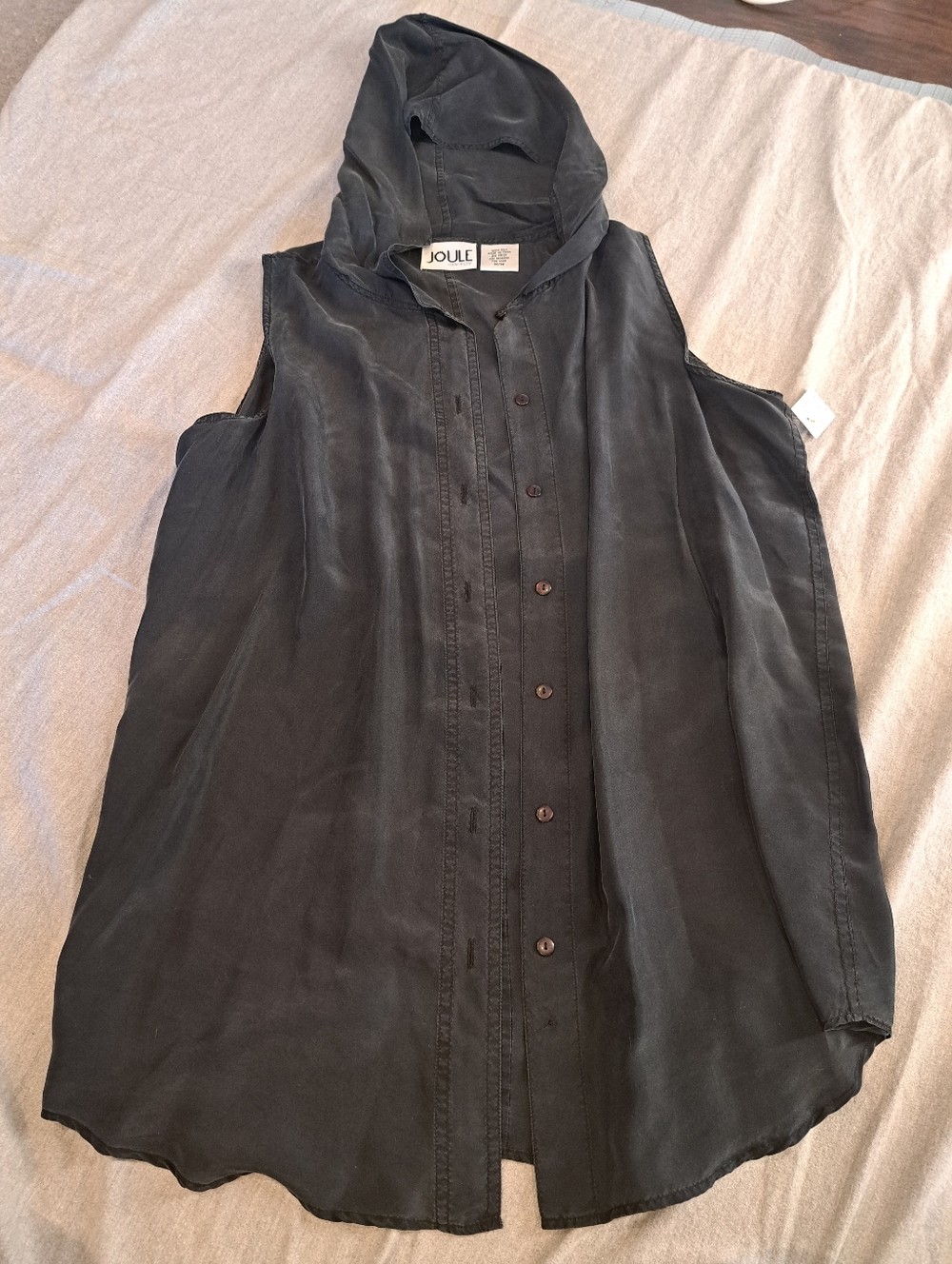 NWT 100% Silk Joule Energy Black Hooded Sleeveless Shirt Vest Cover Up SZ M